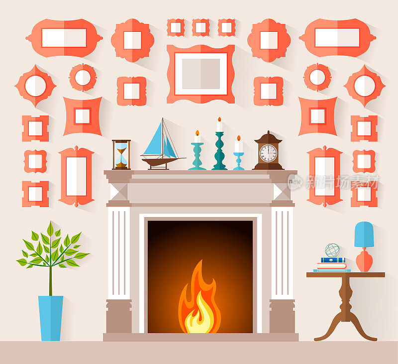 Vector flat style interior with a fireplace and a wall decorated with paintings.